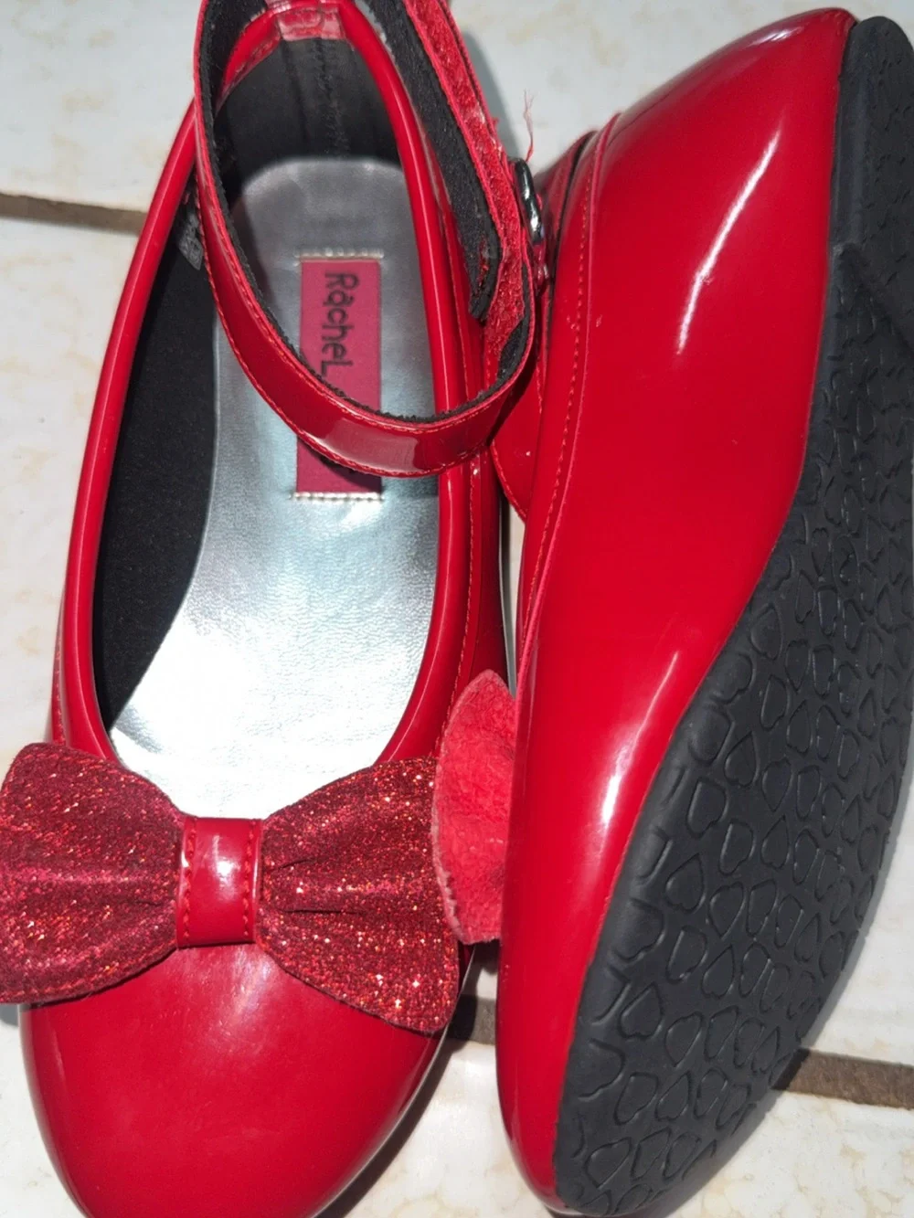 Rachel Red Patent Girls' Mary Jane Shoes with Glitter Bow